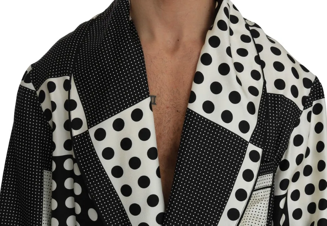 SILK Robe Nightgown Black White Polka