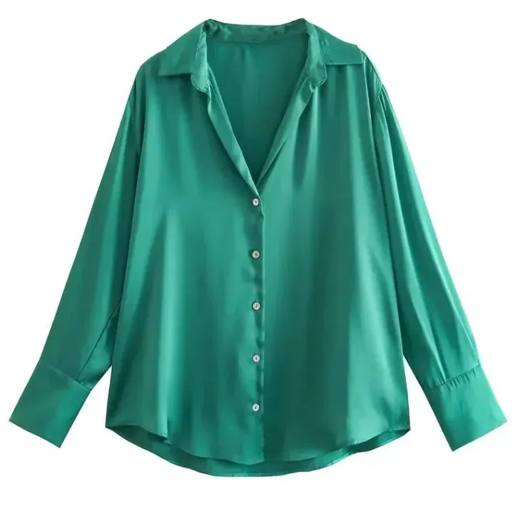 Silk Satin Long-sleeved Shirt For Women