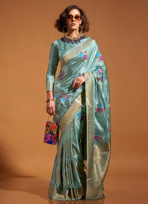 Sky Blue Floral Printed Silk Saree