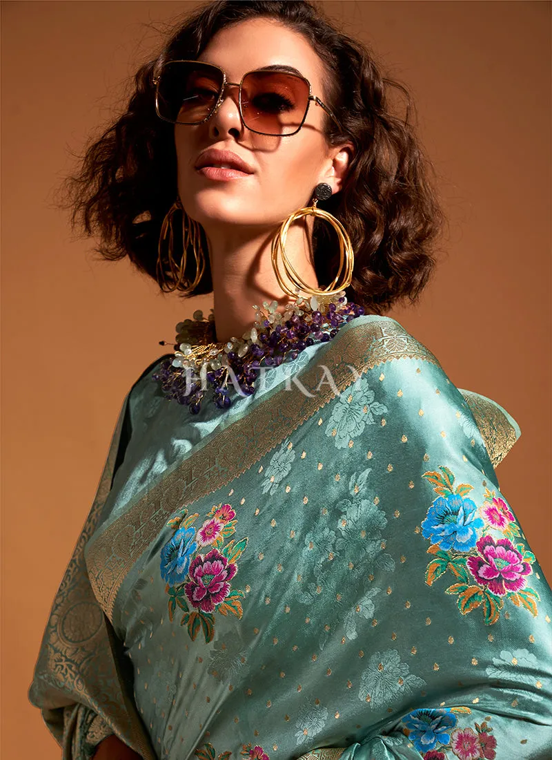 Sky Blue Floral Printed Silk Saree