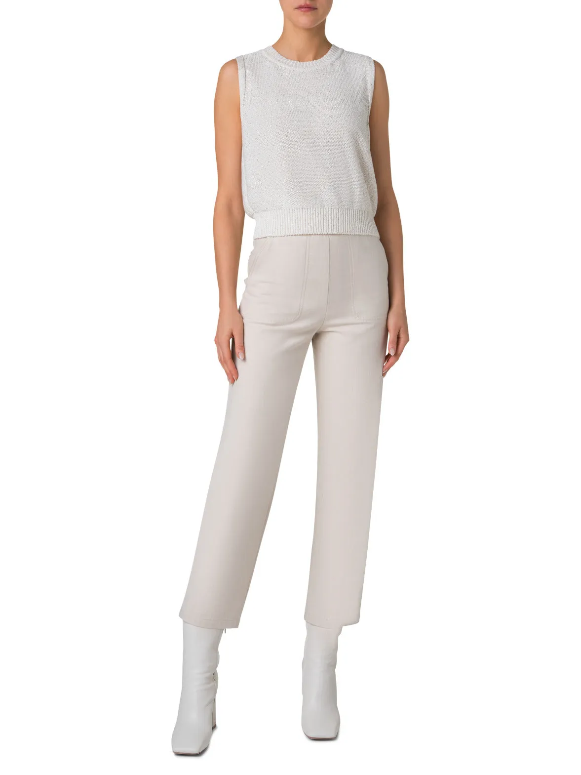 Sleeveless Linen Cotton Knit Top with Sequins