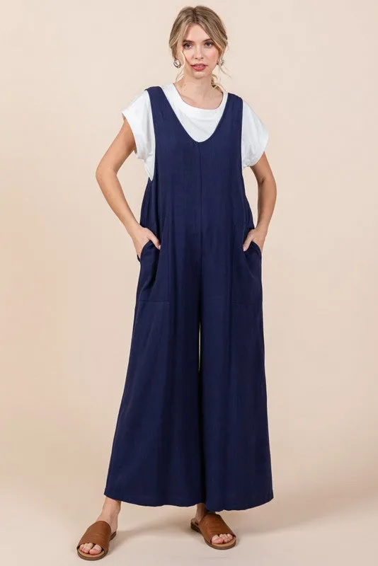 Solid Linen Sleeveless Jumpsuit