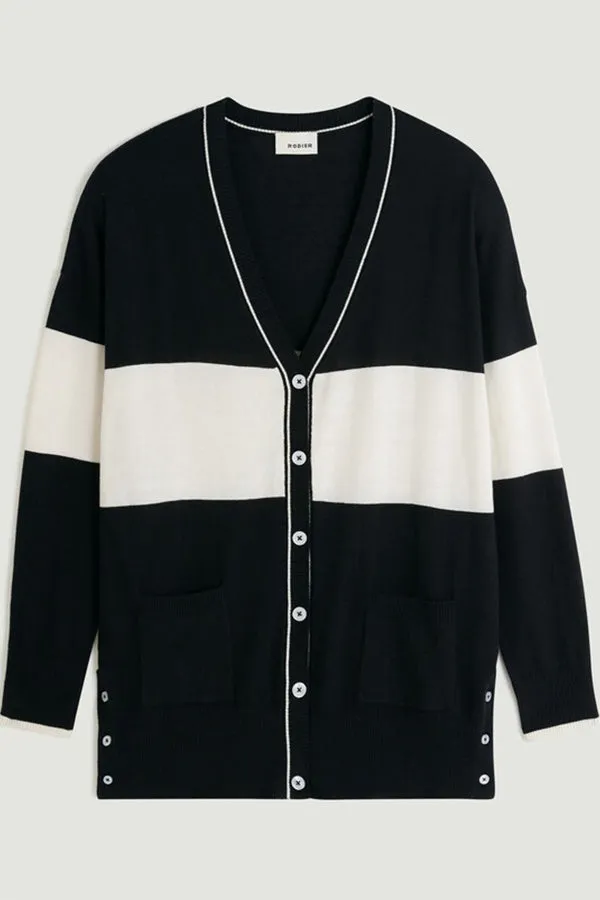 STRIPED TWO TONE OVERSIZED V-NECK CARDIGAN