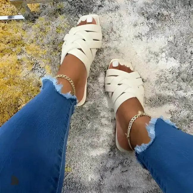 Stylish Pink and White Woven Slide Sandals for Summer Vibes