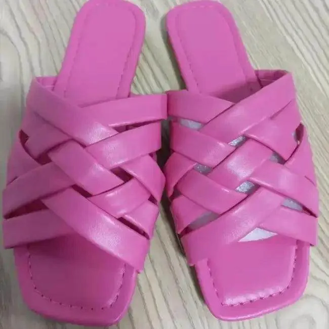 Stylish Pink and White Woven Slide Sandals for Summer Vibes