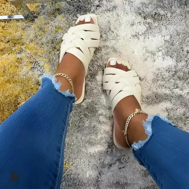 Stylish Pink and White Woven Slide Sandals for Summer Vibes