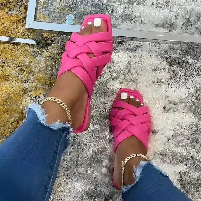 Stylish Pink and White Woven Slide Sandals for Summer Vibes