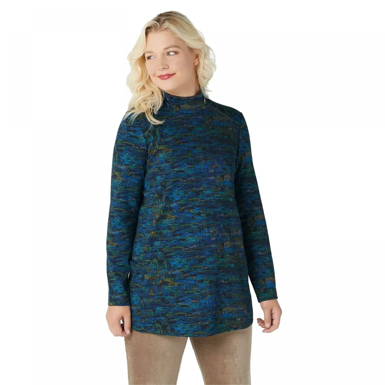 Susan Graver Women's Weekend Printed Zip Mock Neck Ponte Knit Top