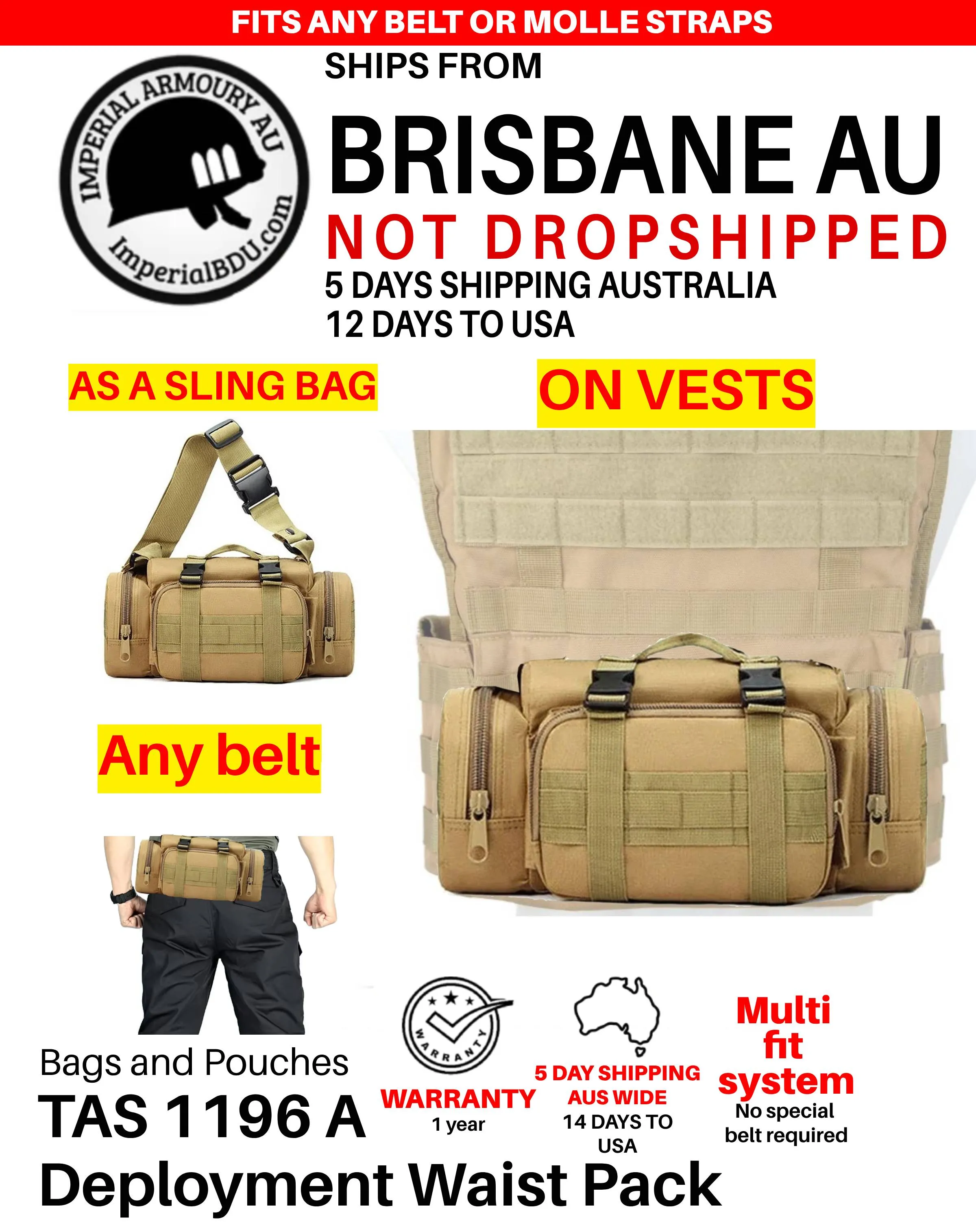 TAS 1196 Deployment Waist Pack, any belt with free shoulder sling