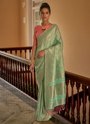 Teal And Peach Weaved Crape Silk Saree