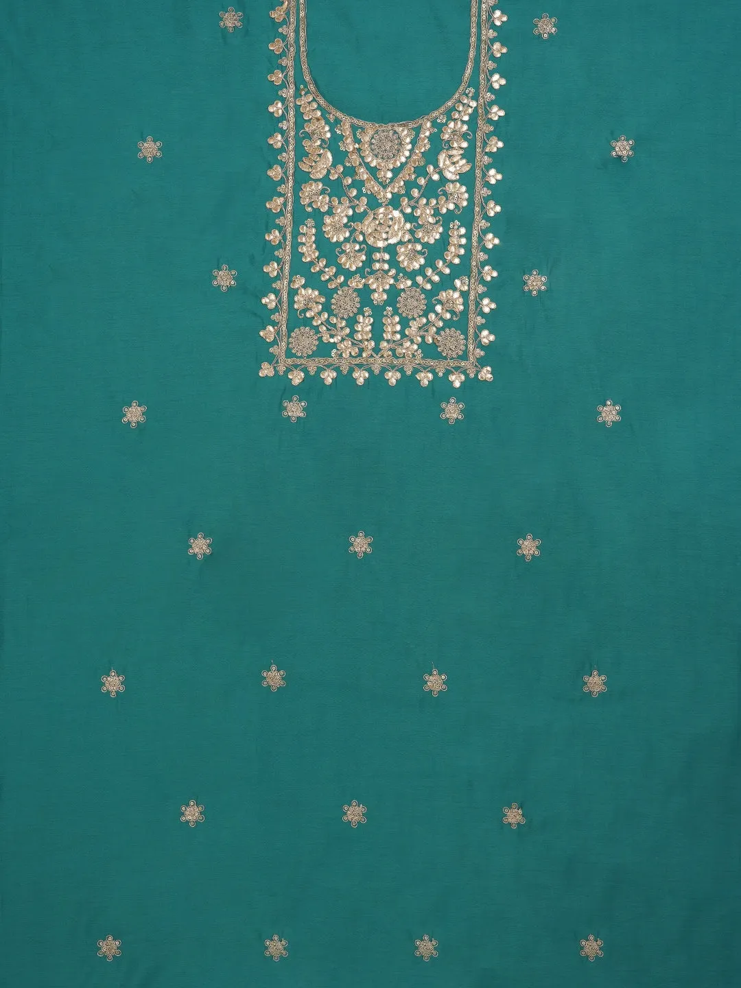 Teal Floral Printed Embroidered Pure Silk Dress Material with Dupatta