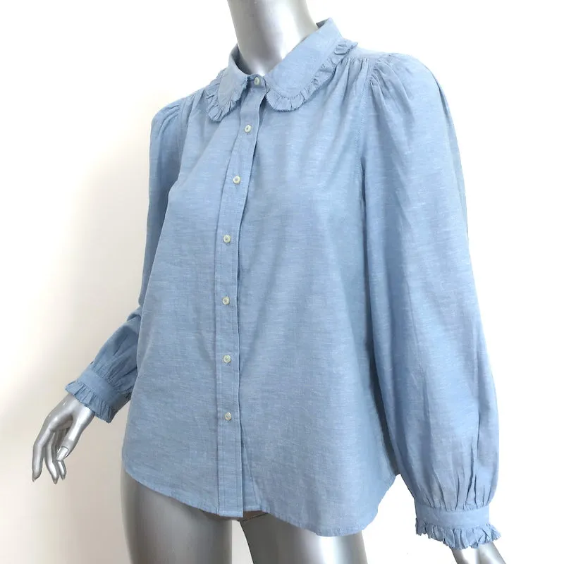 THE GREAT Hemingway Ruffle Collar Top Light Chambray Size 1 Long Sleeve Blouse