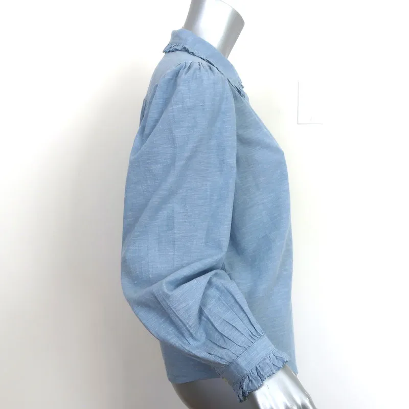 THE GREAT Hemingway Ruffle Collar Top Light Chambray Size 1 Long Sleeve Blouse