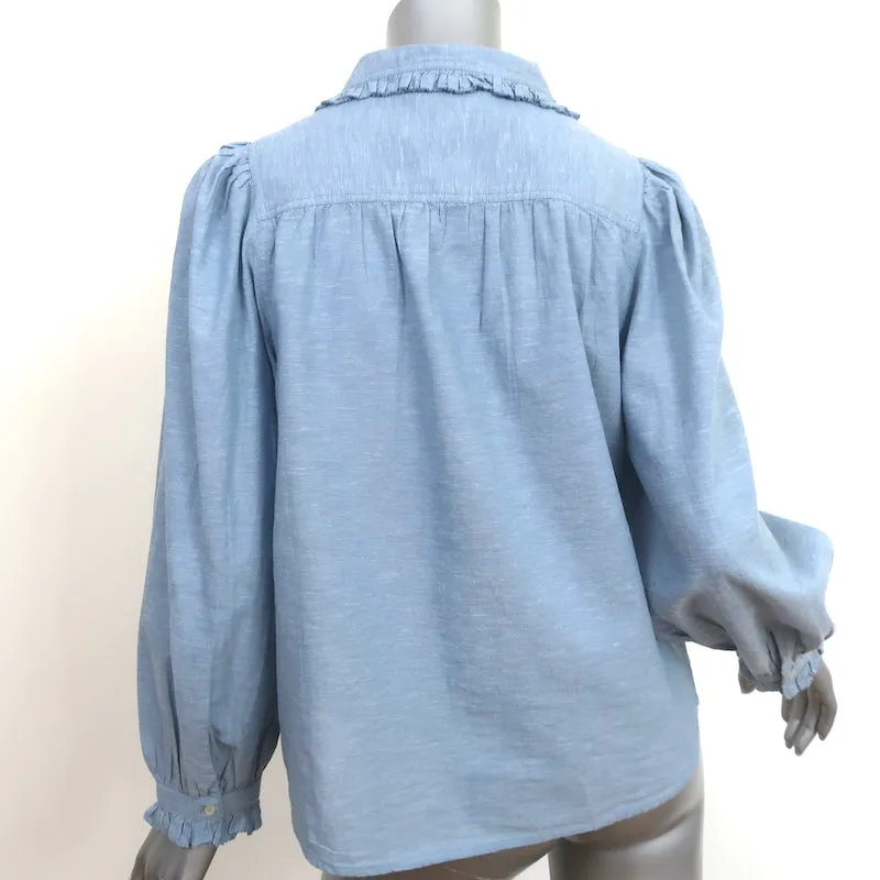 THE GREAT Hemingway Ruffle Collar Top Light Chambray Size 1 Long Sleeve Blouse