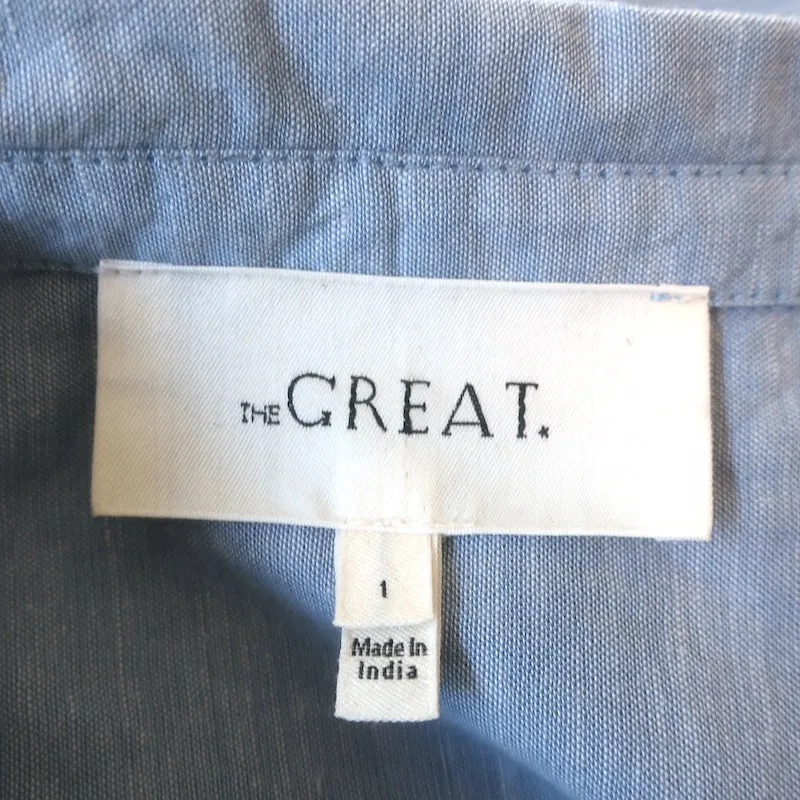 THE GREAT Hemingway Ruffle Collar Top Light Chambray Size 1 Long Sleeve Blouse