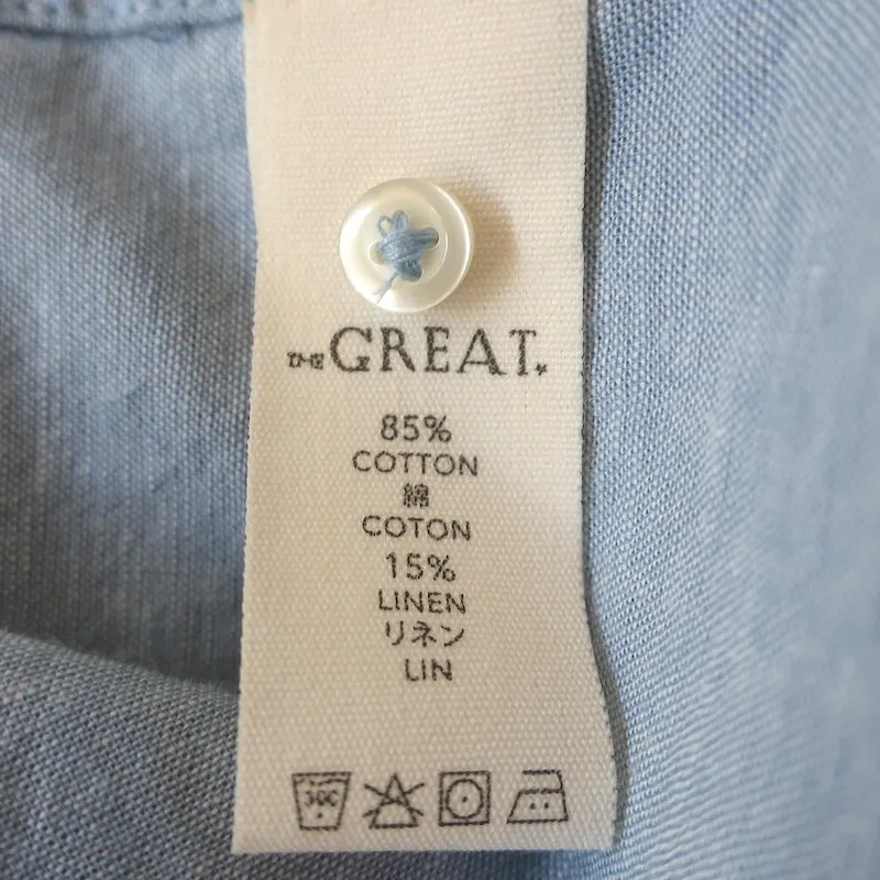 THE GREAT Hemingway Ruffle Collar Top Light Chambray Size 1 Long Sleeve Blouse