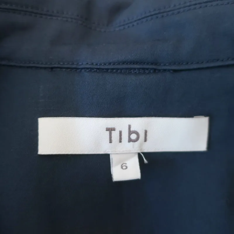 Tibi Shirtdress Navy Cotton-Linen Sateen Size 6 Long Sleeve Midi Dress