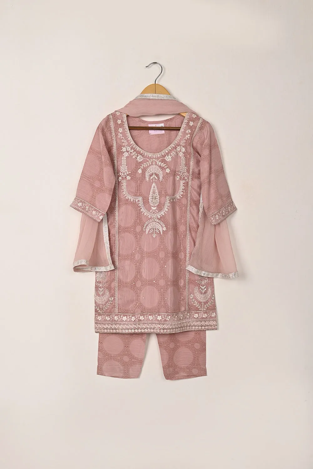 TKF-282-Tea Pink - Kids 3Pc Ready to Wear Printed Raw Silk Embroidered Dress