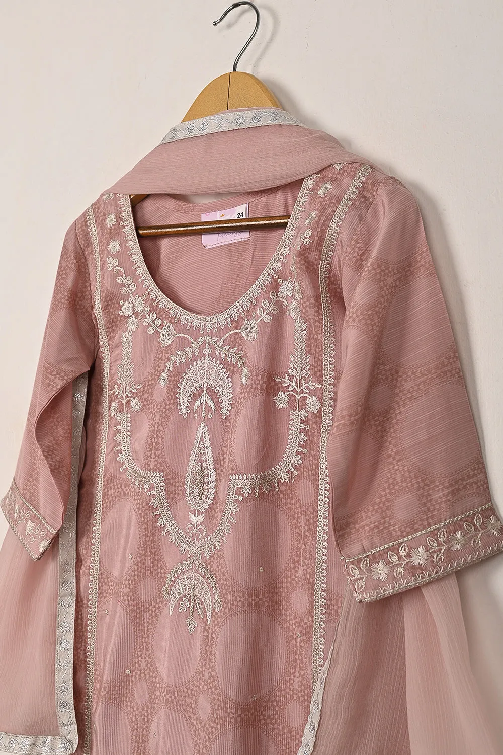 TKF-282-Tea Pink - Kids 3Pc Ready to Wear Printed Raw Silk Embroidered Dress
