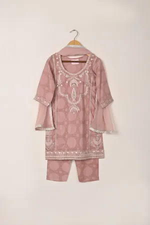 TKF-282-Tea Pink - Kids 3Pc Ready to Wear Printed Raw Silk Embroidered Dress