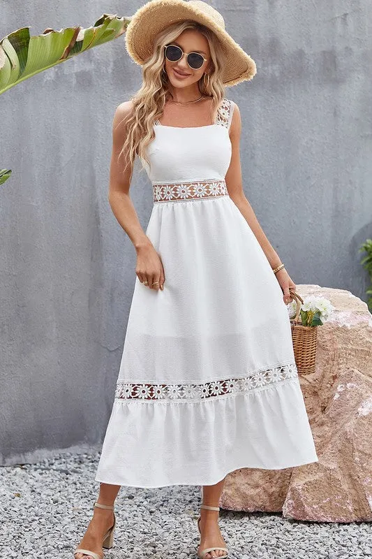 Tory Midi Dress – Lace Paneling, Square Neck, Sleeveless