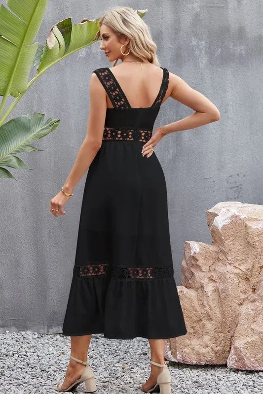 Tory Midi Dress – Lace Paneling, Square Neck, Sleeveless