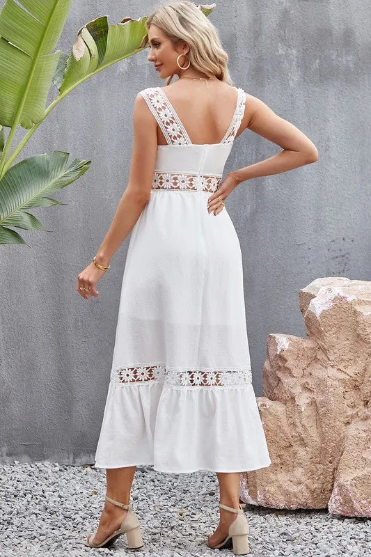 Tory Midi Dress – Lace Paneling, Square Neck, Sleeveless