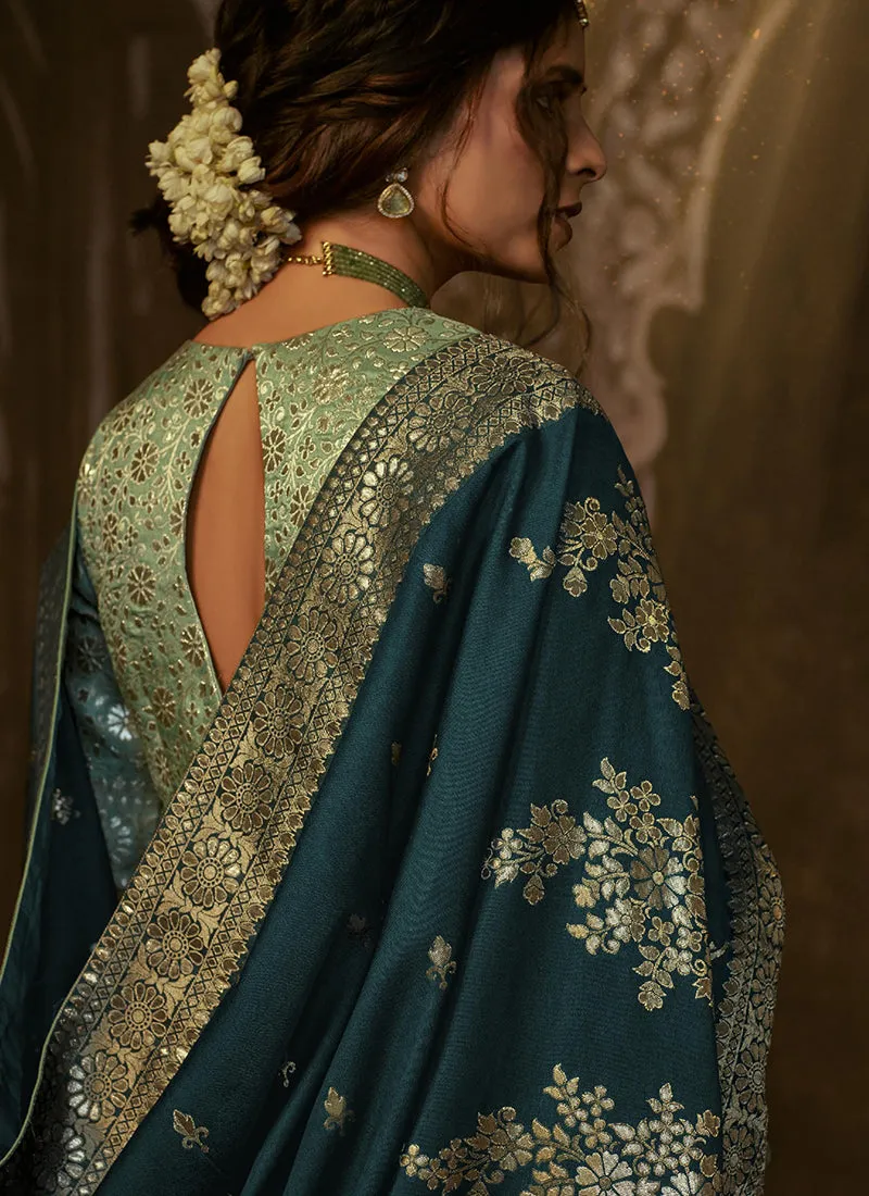 Turquoise Golden Weaved Pure Dola Silk Saree