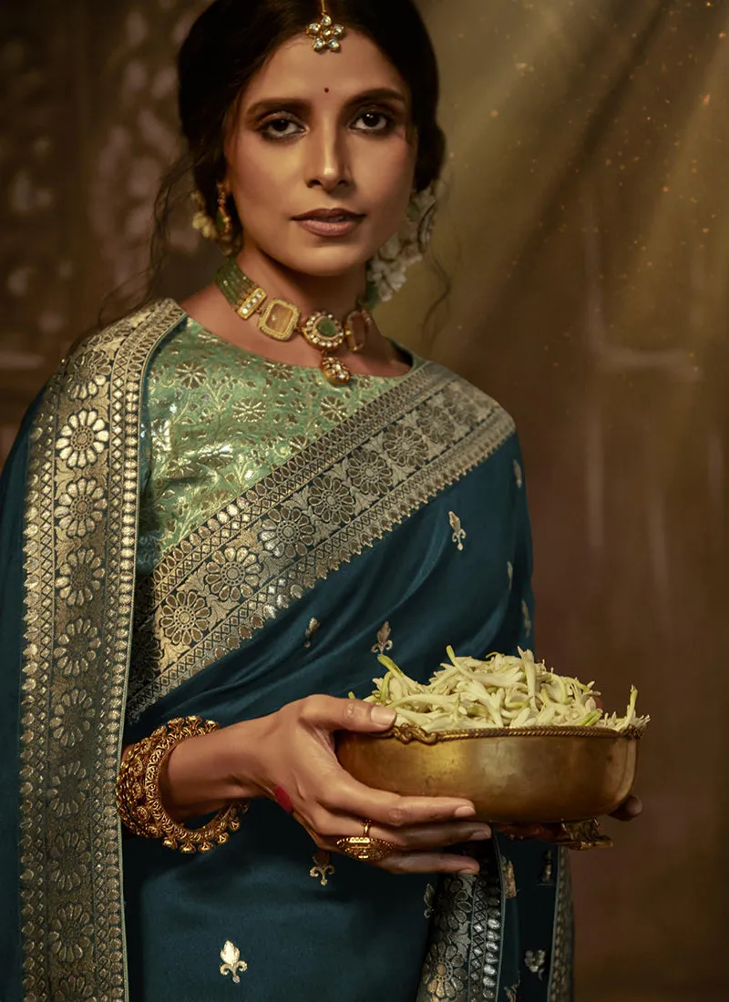 Turquoise Golden Weaved Pure Dola Silk Saree