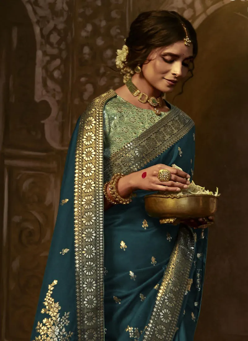 Turquoise Golden Weaved Pure Dola Silk Saree