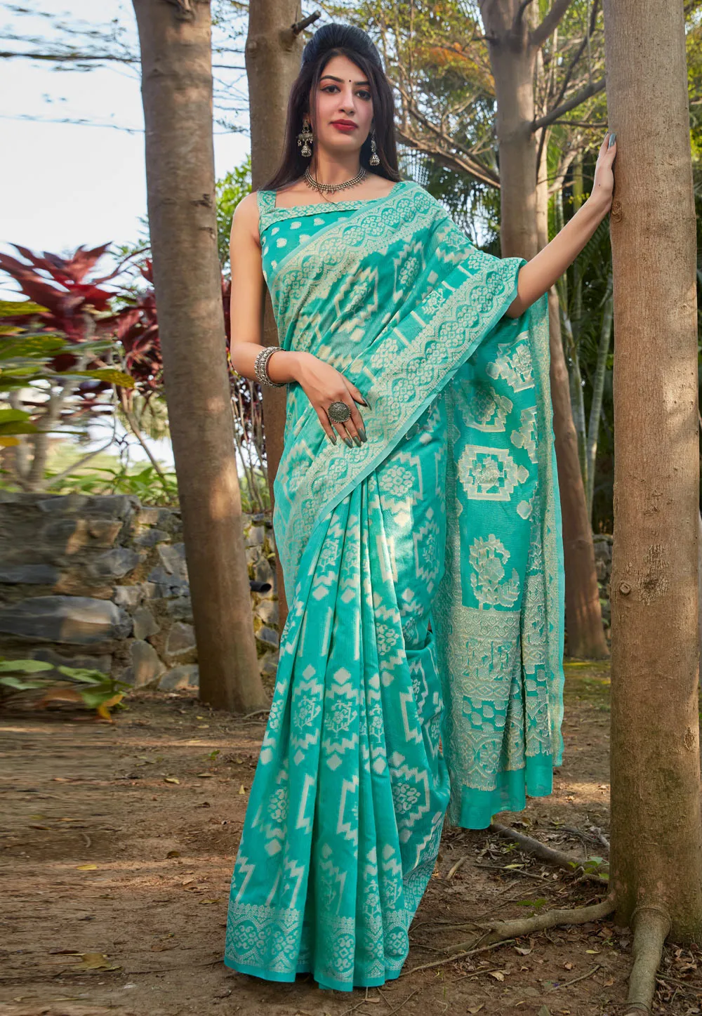 Turquoise Printed Silk Saree