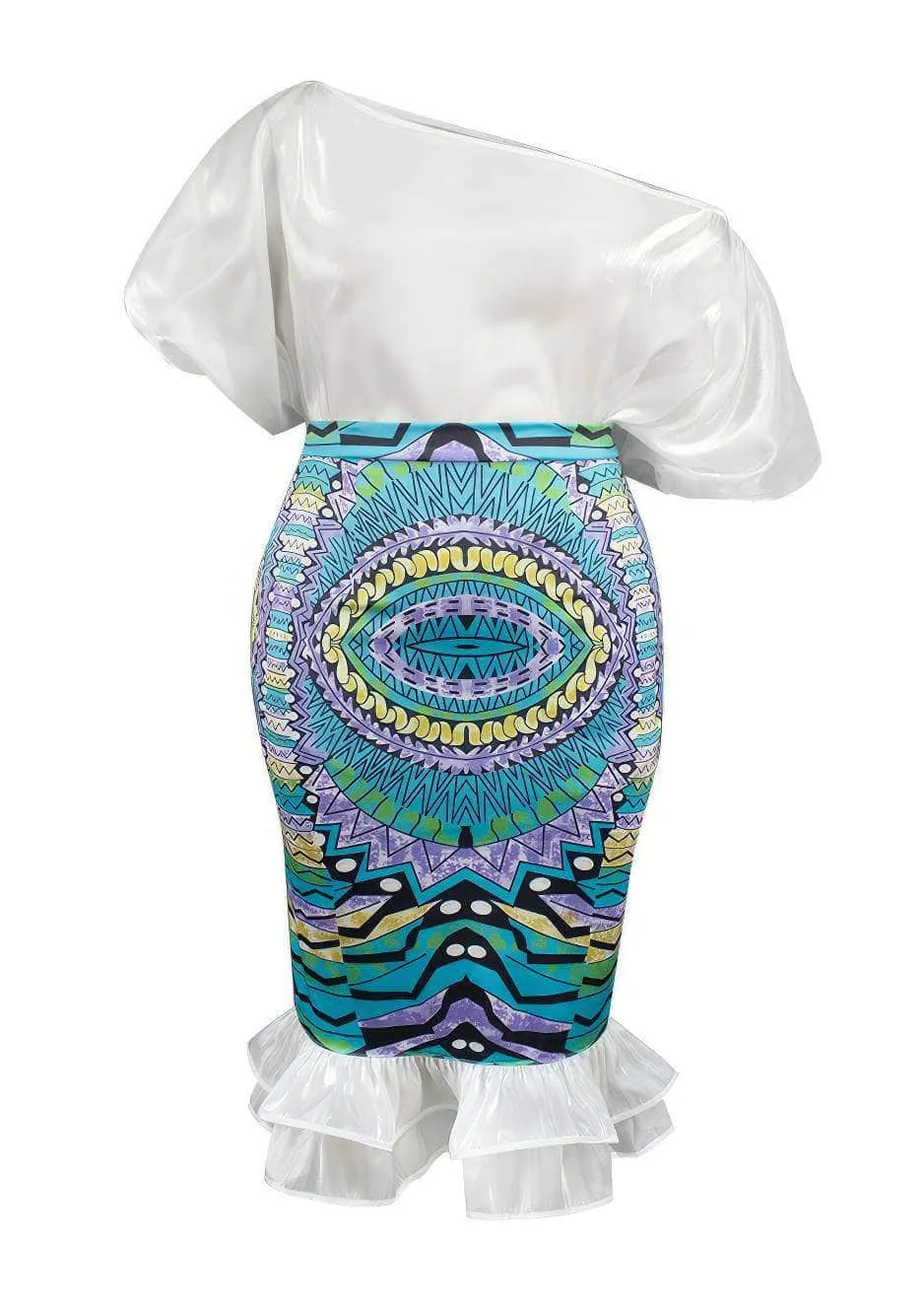 Two-Piece Off-Shoulder Mesh Blouse Patchwork Skirt