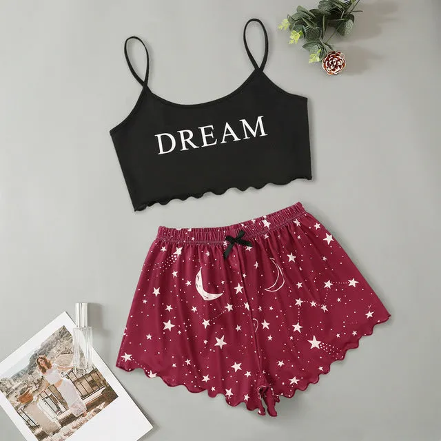 Two-piece Printed Spagetti Strap Tube Top & Shorts Loungewear Set