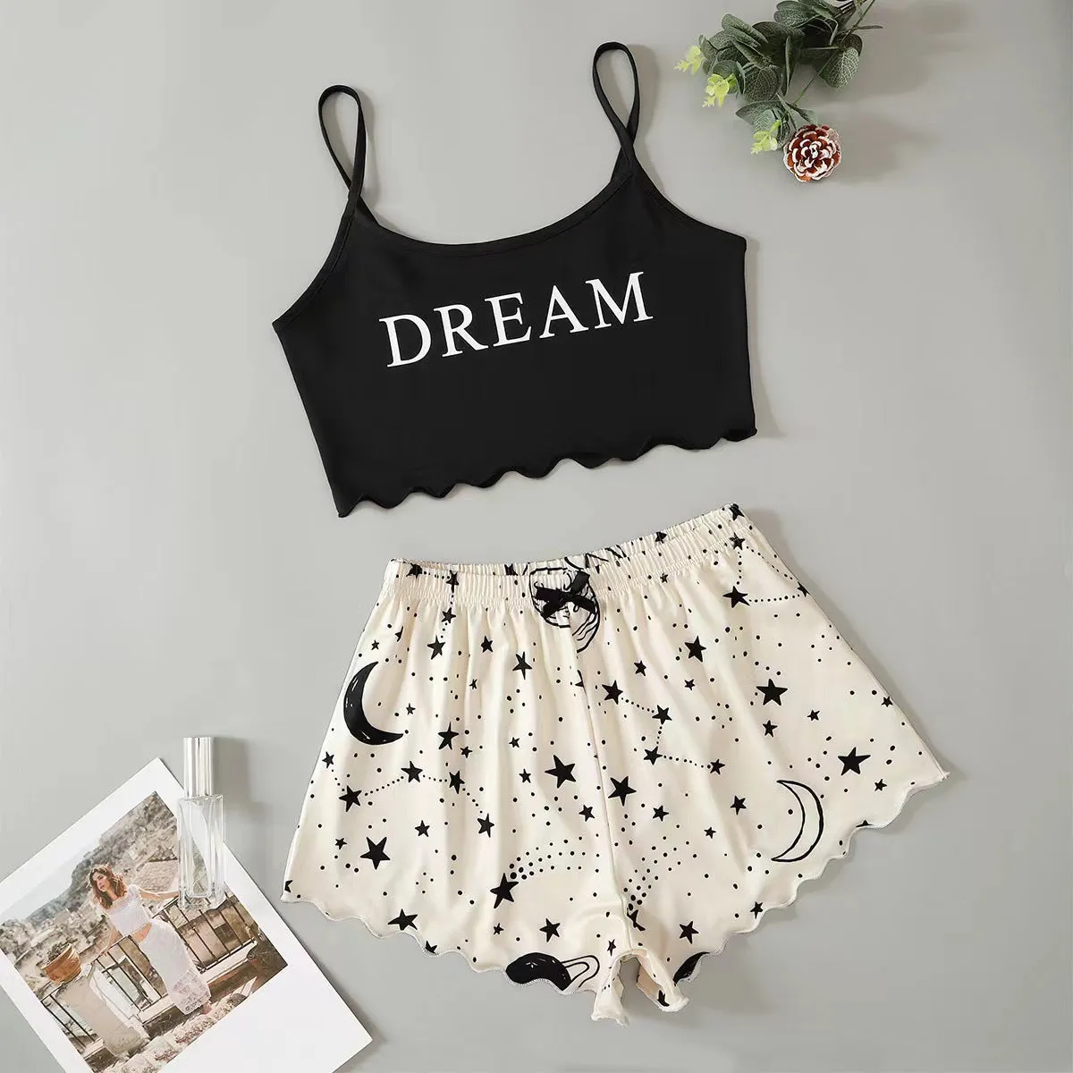 Two-piece Printed Spagetti Strap Tube Top & Shorts Loungewear Set