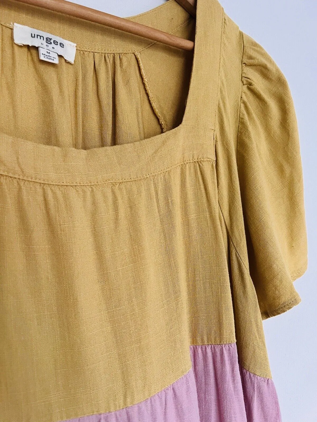 UMGEE Womens Shift Dress Sz M Linen Blend Color-Block Tiered Short Sleeve