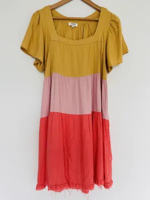 UMGEE Womens Shift Dress Sz M Linen Blend Color-Block Tiered Short Sleeve