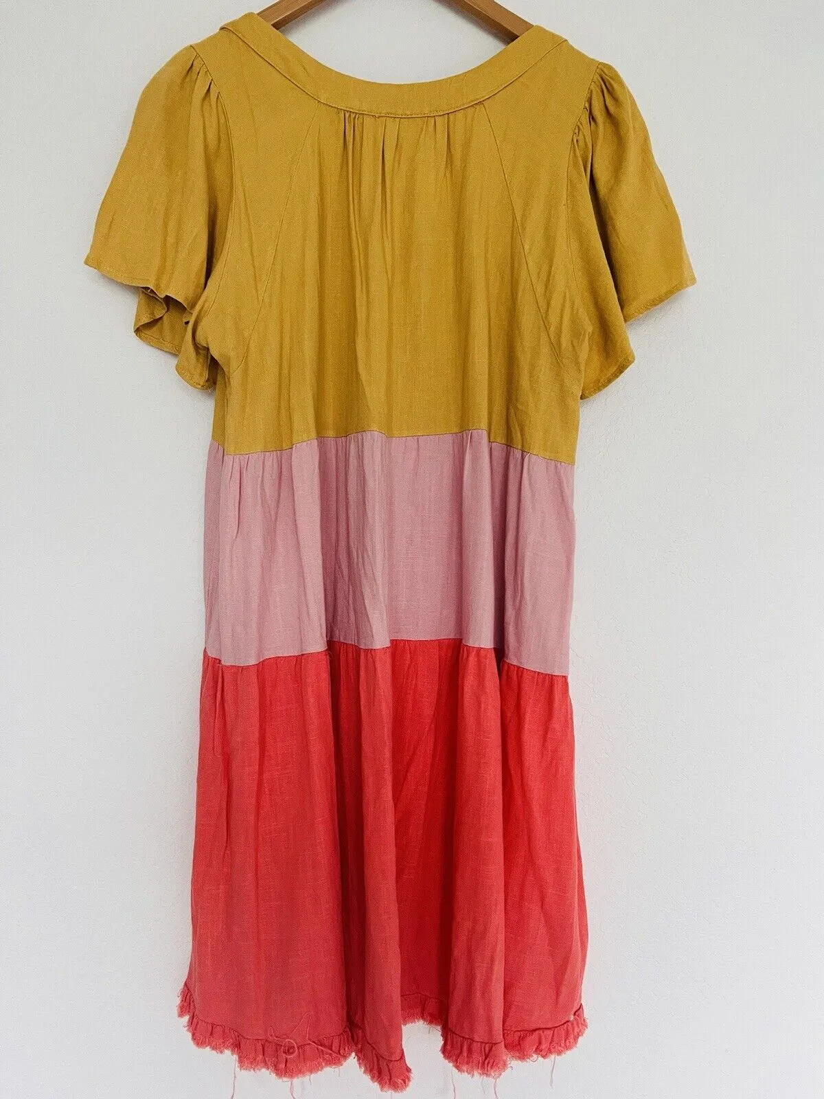 UMGEE Womens Shift Dress Sz M Linen Blend Color-Block Tiered Short Sleeve
