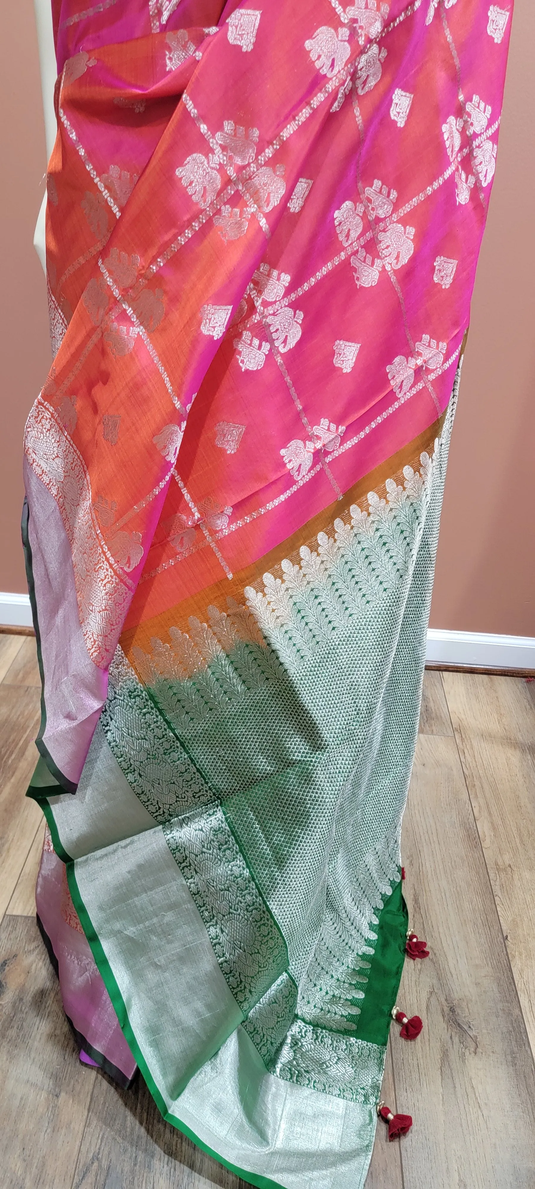 Venkatagiri Silk Saree w/ Blouse in Pink and Green