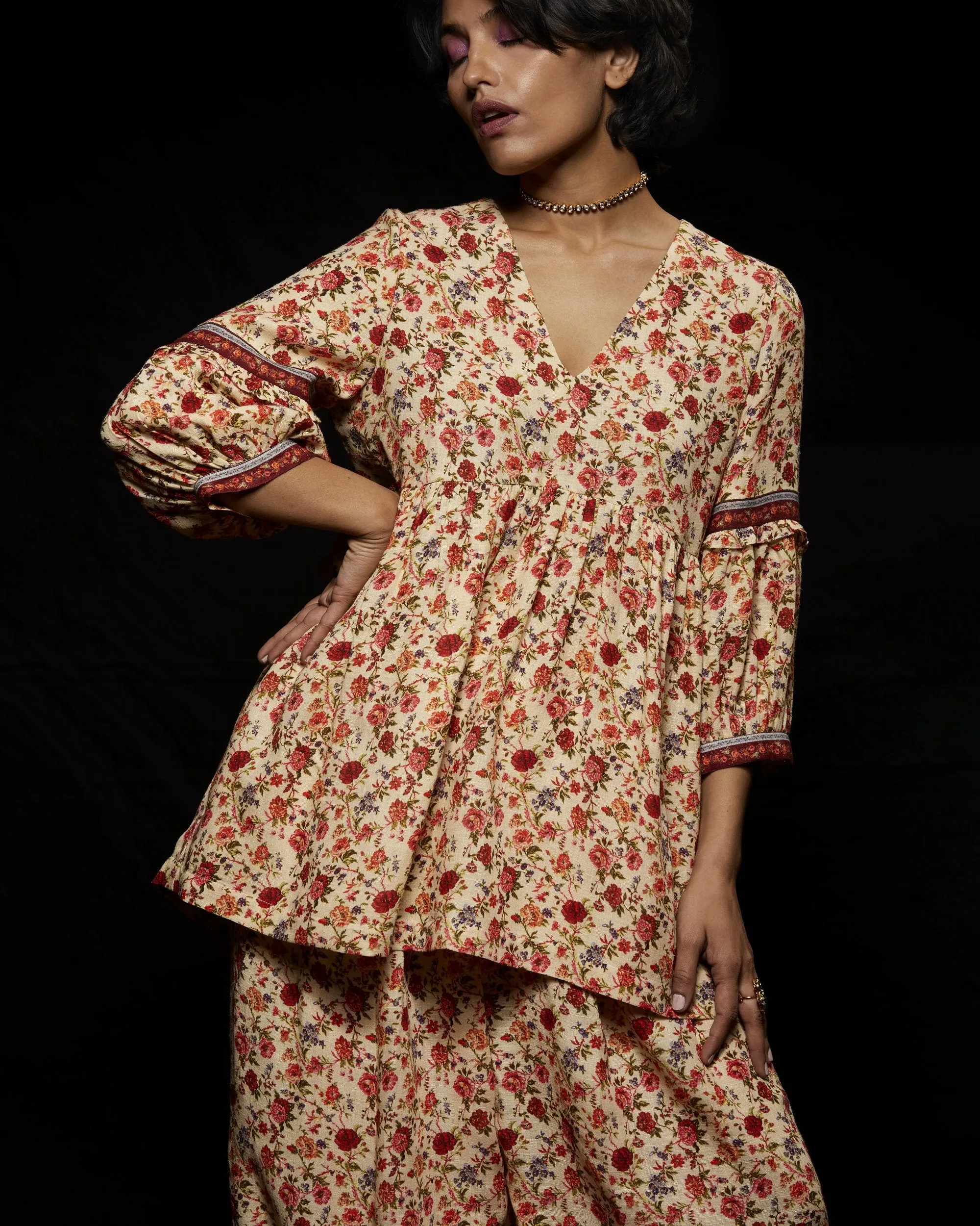 Viam   I   Ivory Floral Hand Printed Top