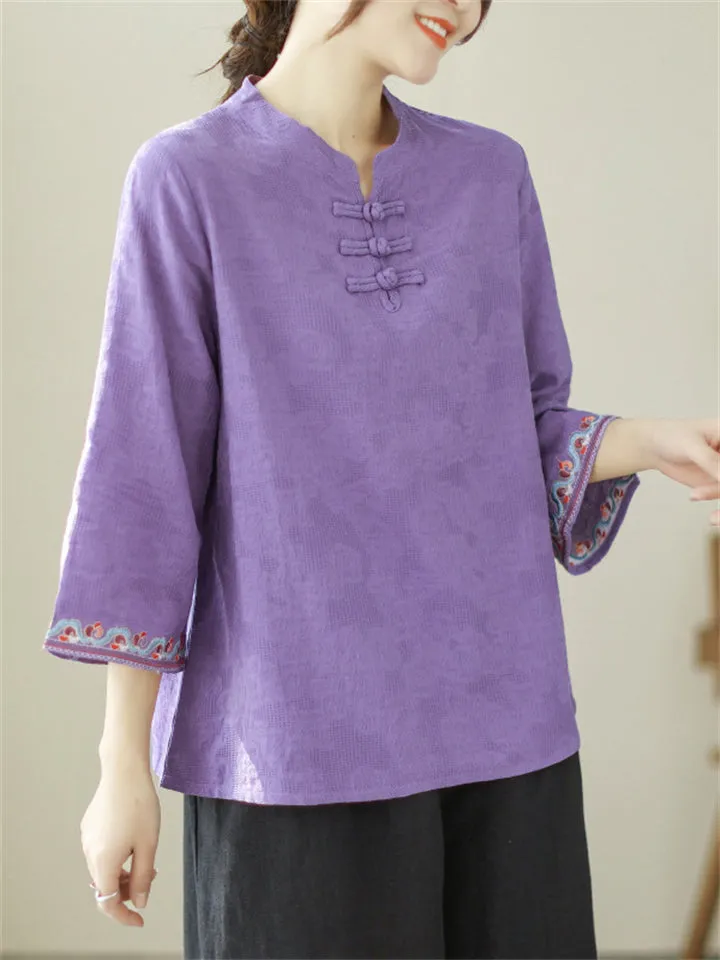 Vintage Cotton Linen 3/4 Sleeve Shirts for Ladies