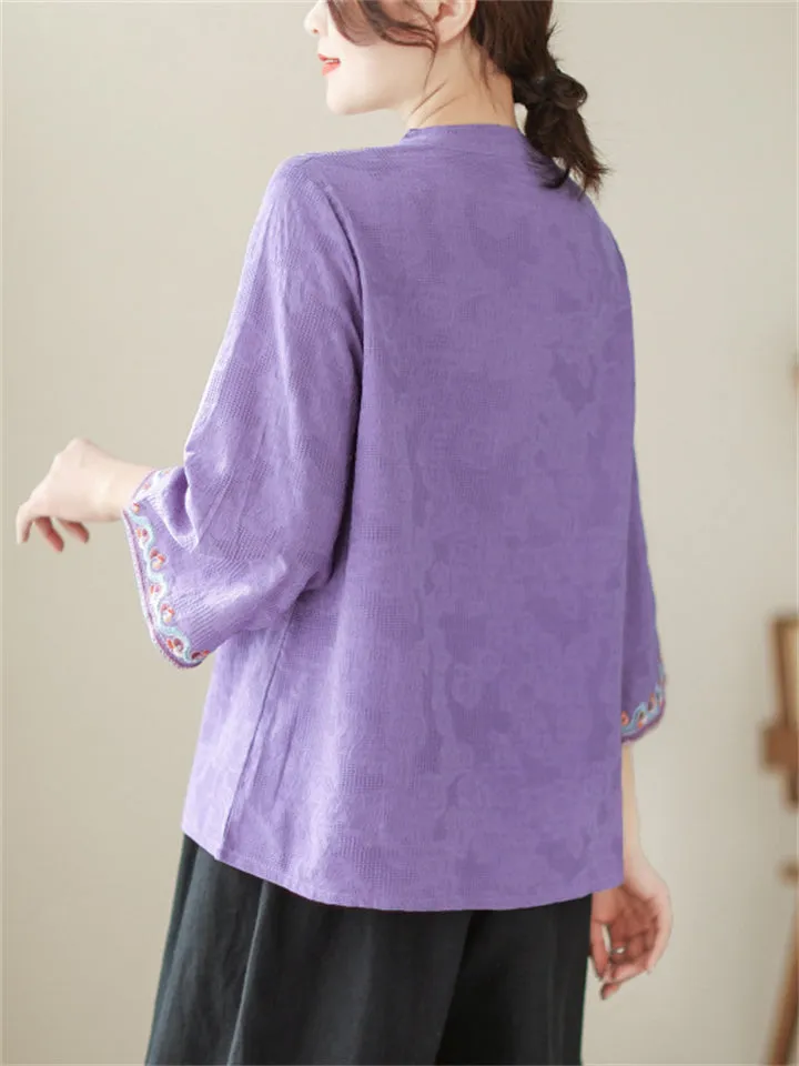 Vintage Cotton Linen 3/4 Sleeve Shirts for Ladies