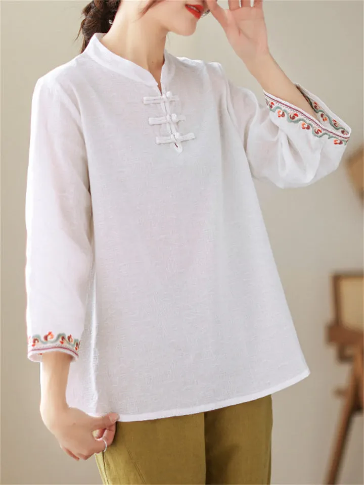 Vintage Cotton Linen 3/4 Sleeve Shirts for Ladies