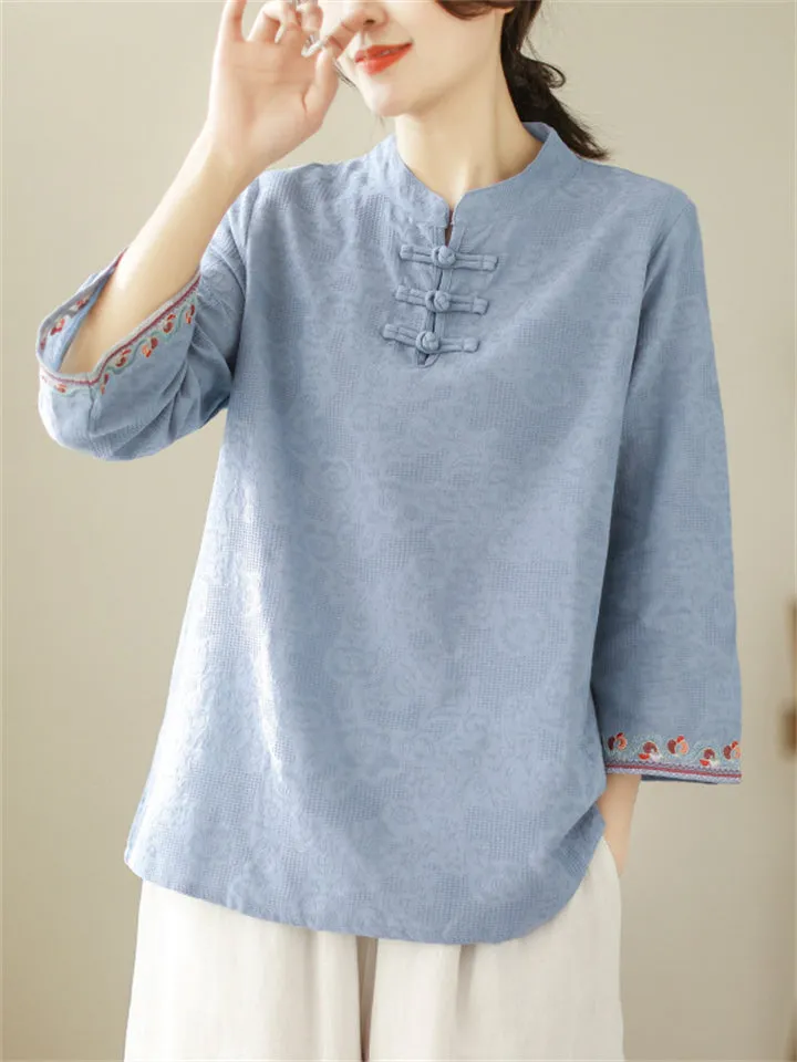 Vintage Cotton Linen 3/4 Sleeve Shirts for Ladies