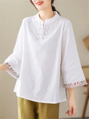 Vintage Cotton Linen 3/4 Sleeve Shirts for Ladies