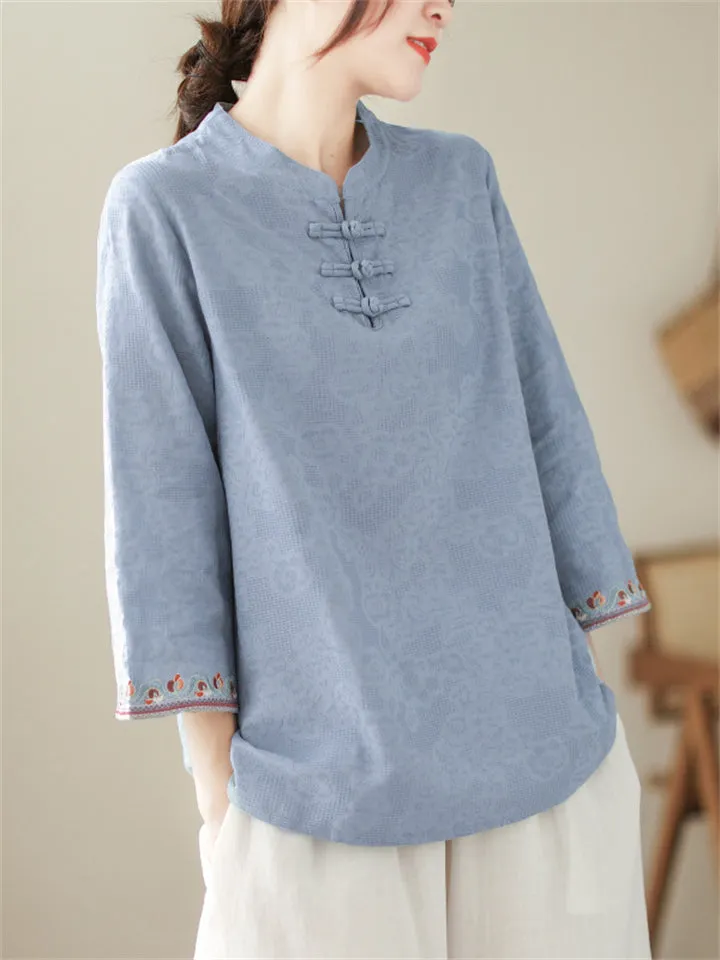 Vintage Cotton Linen 3/4 Sleeve Shirts for Ladies