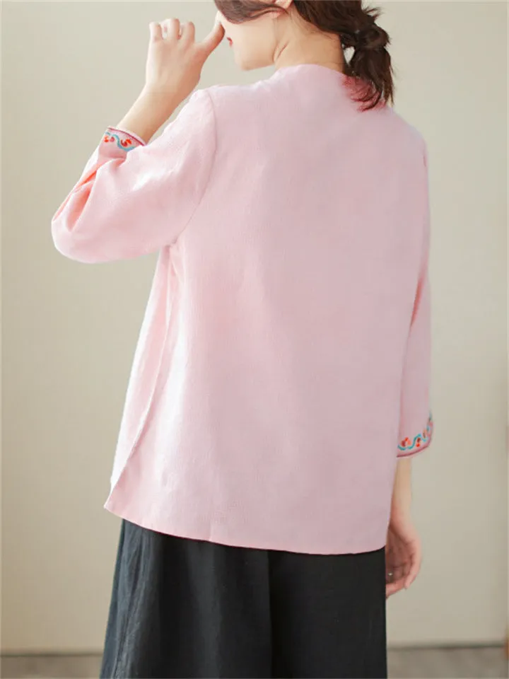 Vintage Cotton Linen 3/4 Sleeve Shirts for Ladies