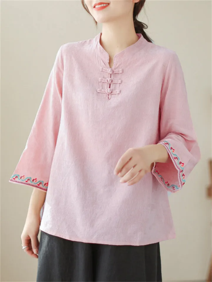 Vintage Cotton Linen 3/4 Sleeve Shirts for Ladies