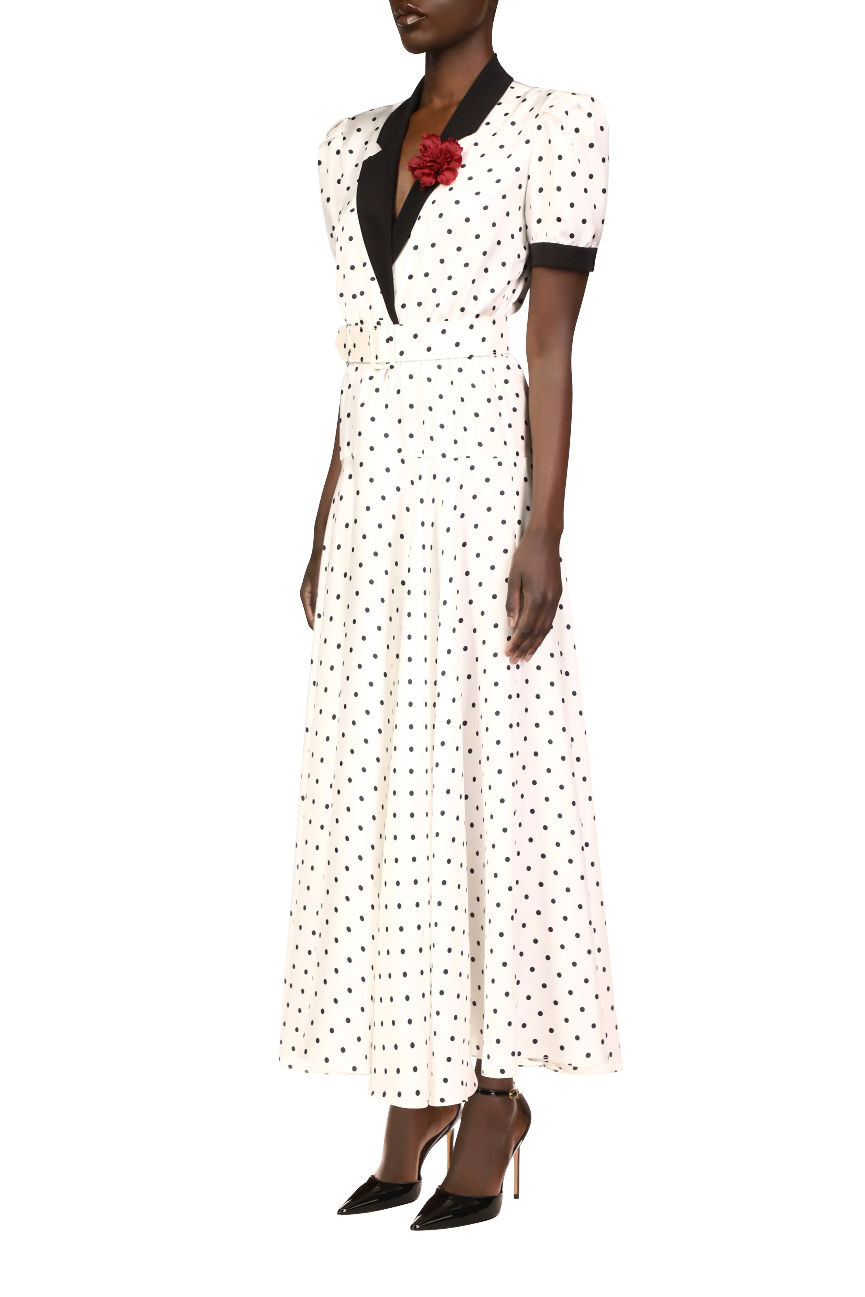 White and Black Polka Dot Silk Twill Collared Dress With Belt