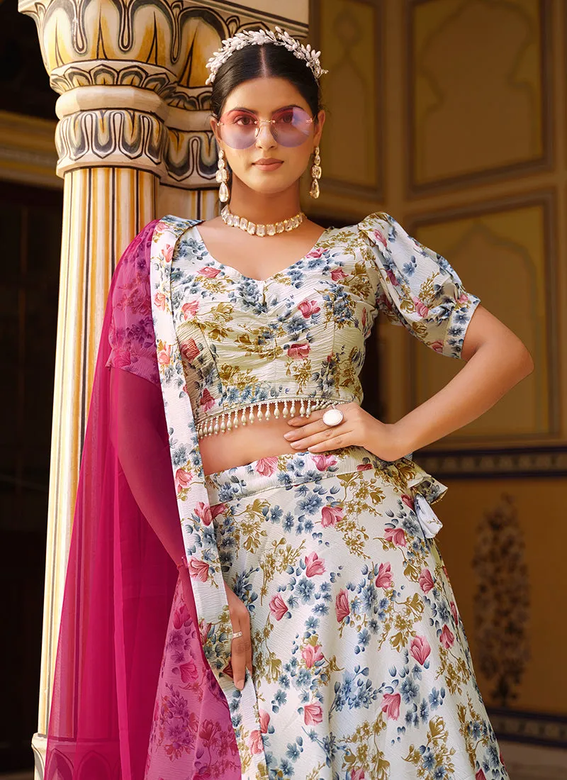 White And Rani Pink Floral Printed Silk Lehenga Choli