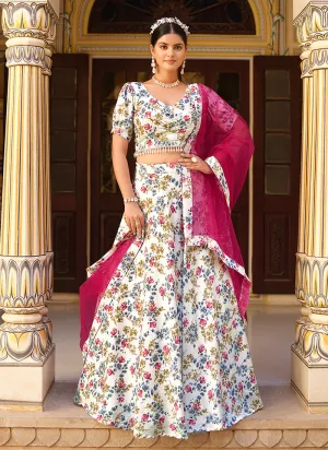 White And Rani Pink Floral Printed Silk Lehenga Choli
